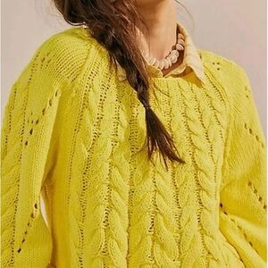 NWOT Free People Bright Yellow Crew Neck Cable Knit Cuffed Sleeve Sweater XS
